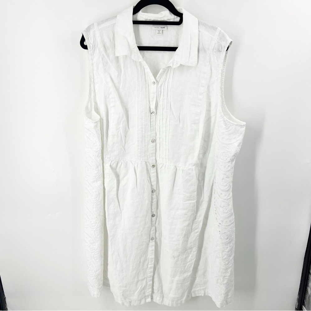 J. JILL LOVE LINEN WHITE FRONT BUTTON DRESS WITH EMBELLISHED SIDES  SIZE 4X